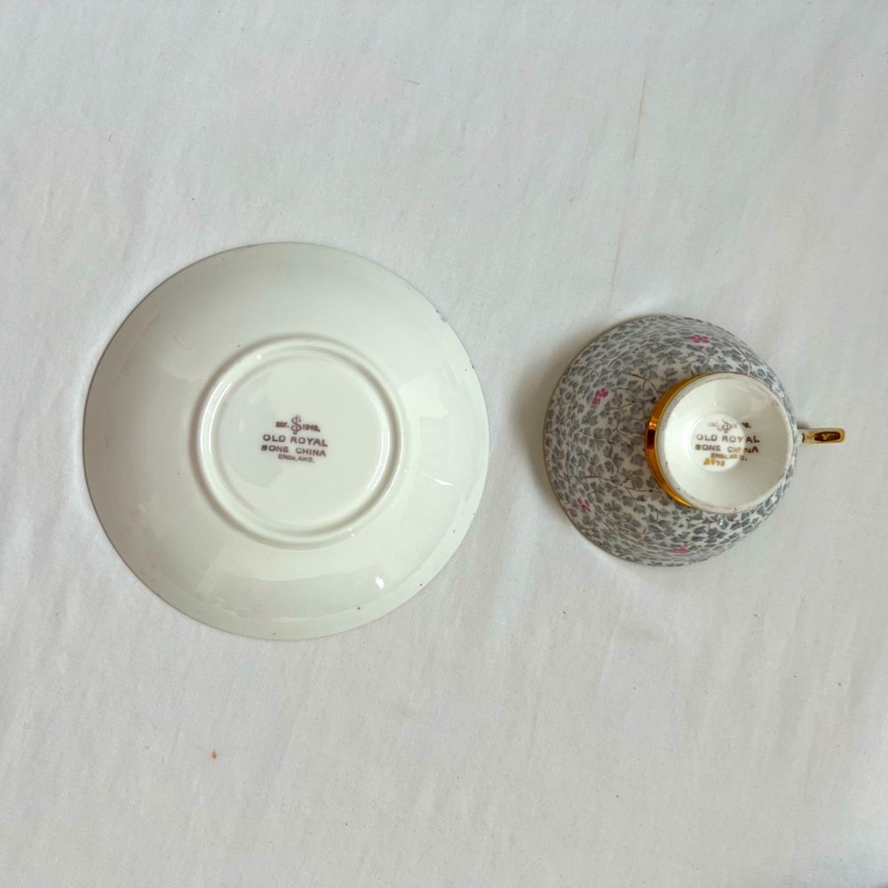 Old Royal Tea Cup and Saucer Gray Pink Chintz Blossom Bone China England #2972 - Picture 4 of 10